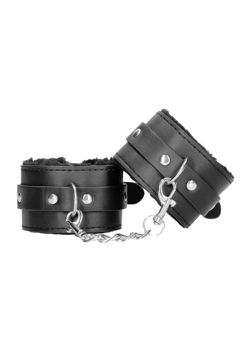 Ouch Plush Bond Leather Hand Cuffs - Black