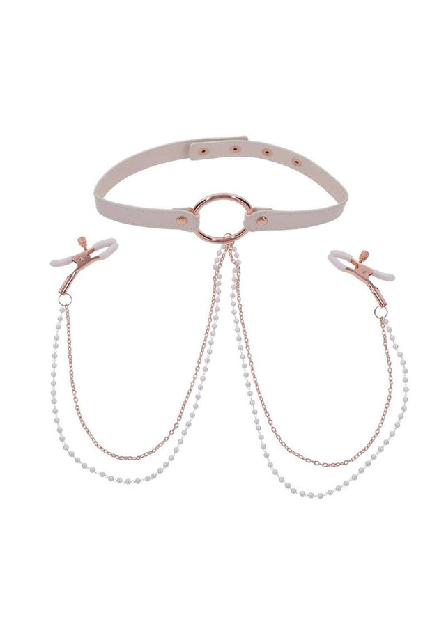 Sex and Miscielf Peaches 'N Creame Collar with Nipple Clamps - Ivory/Rose Gold